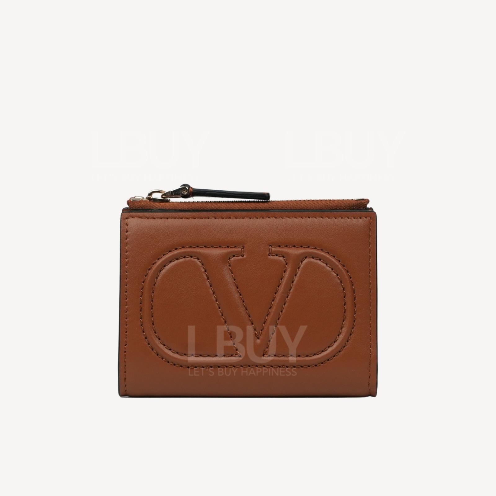 Valentino Embossed Vlogo Button Short Wallet with Zipper Coin Purse Camel