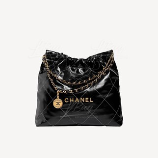 Chanel 22 Handbag Gold Colour Logo Shiny Calfskin Medium Black Bag AS3261