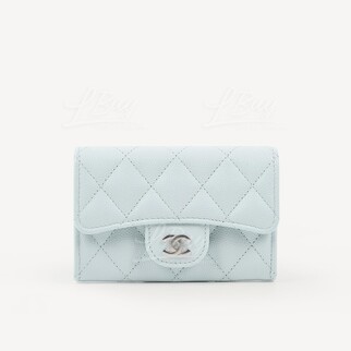 Chanel Classic Small Flap Wallet Card Holder Light Blue with Silver Tone Metal AP0214