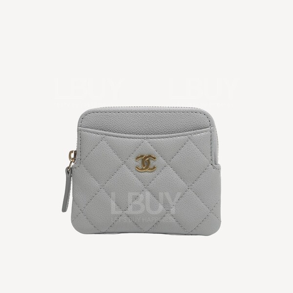 Chanel-Chanel Zipped Coin Purse CC Logo Grey Gold-Tone Metal AP2061