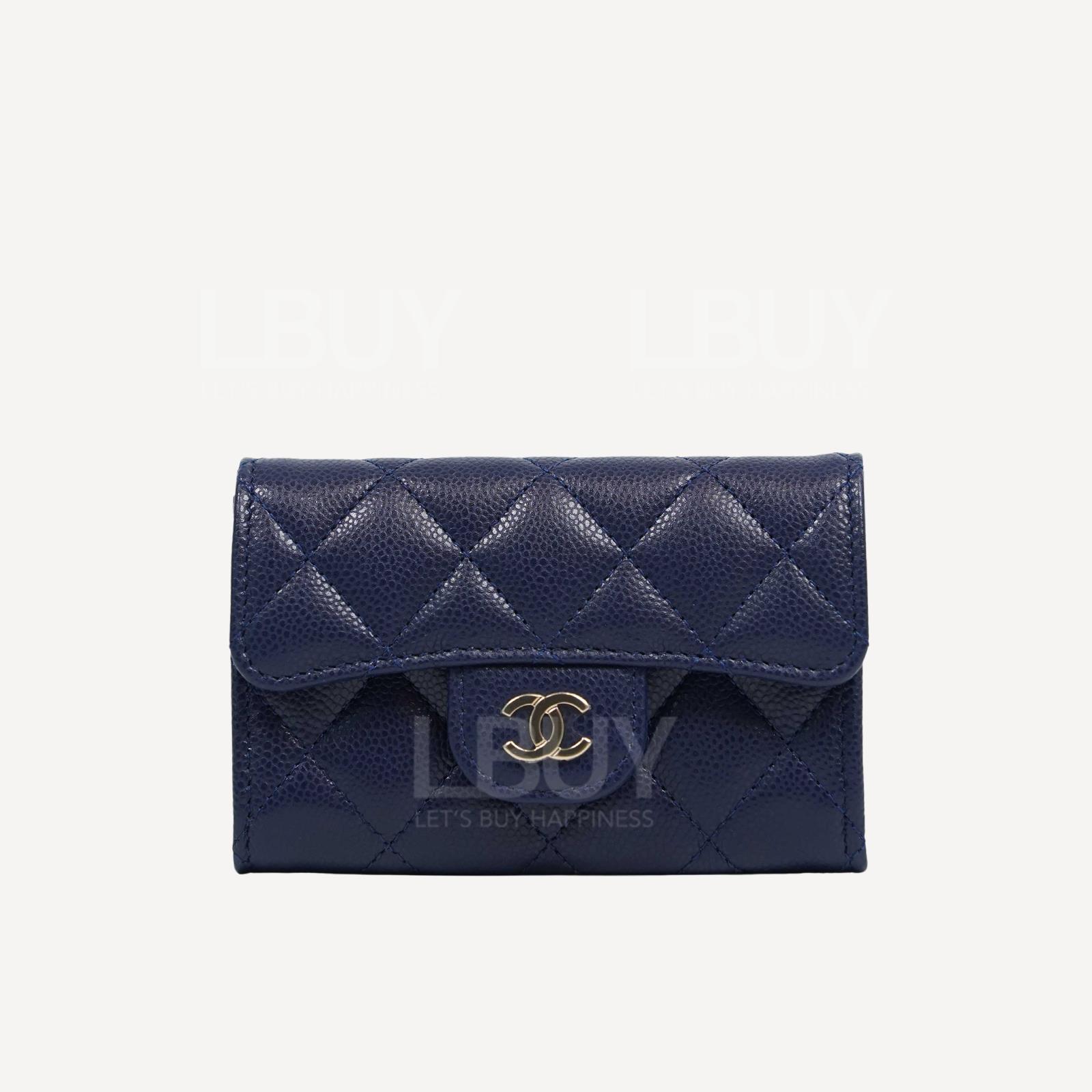 Chanel Classic Small Flap Wallet Card Holder Bleu Marine with Light Gold Tone Metal AP0214