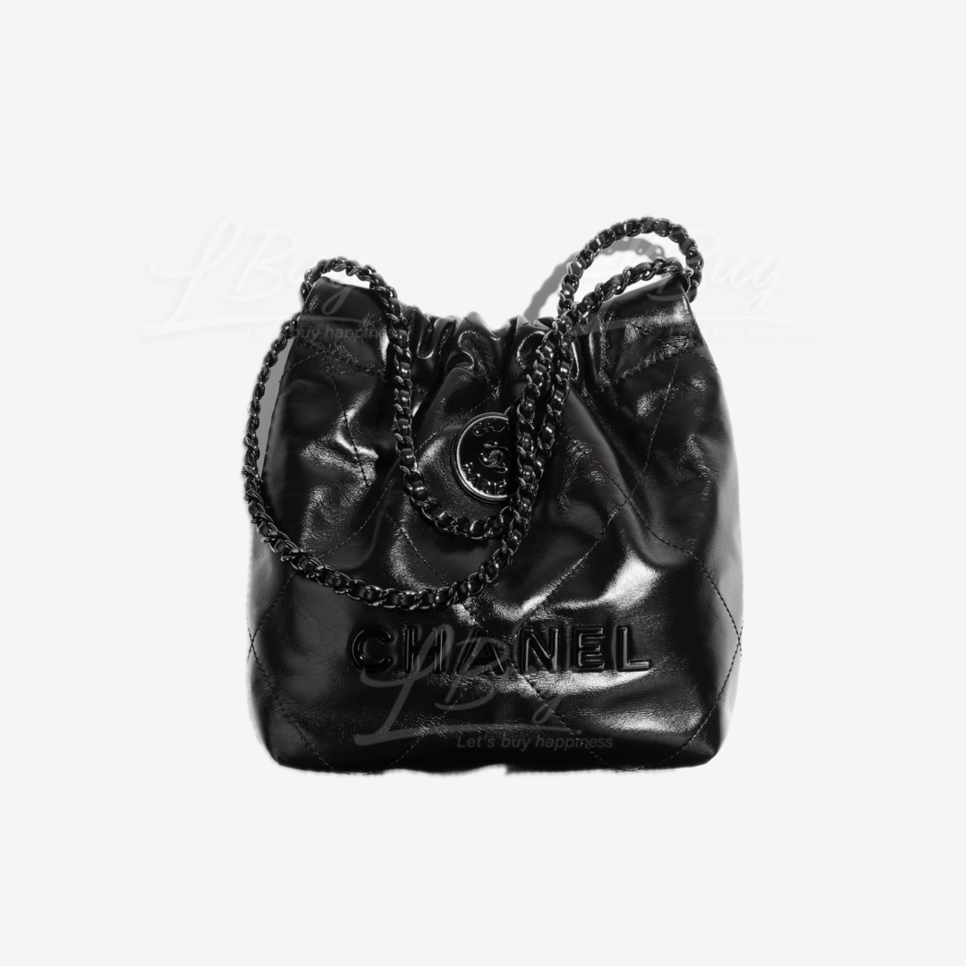 Chanel 22 Mini Handbag Black Logo Shiny Calfskin Black AS3980