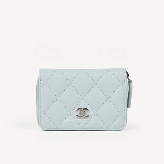 Chanel Classic Zip Around Coin Purse Card Holder Light Blue Color Silver CC Logo AP0216