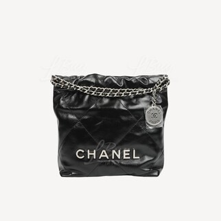 Chanel 22 Mini Handbag Silver Logo Shiny Calfskin Black AS3980