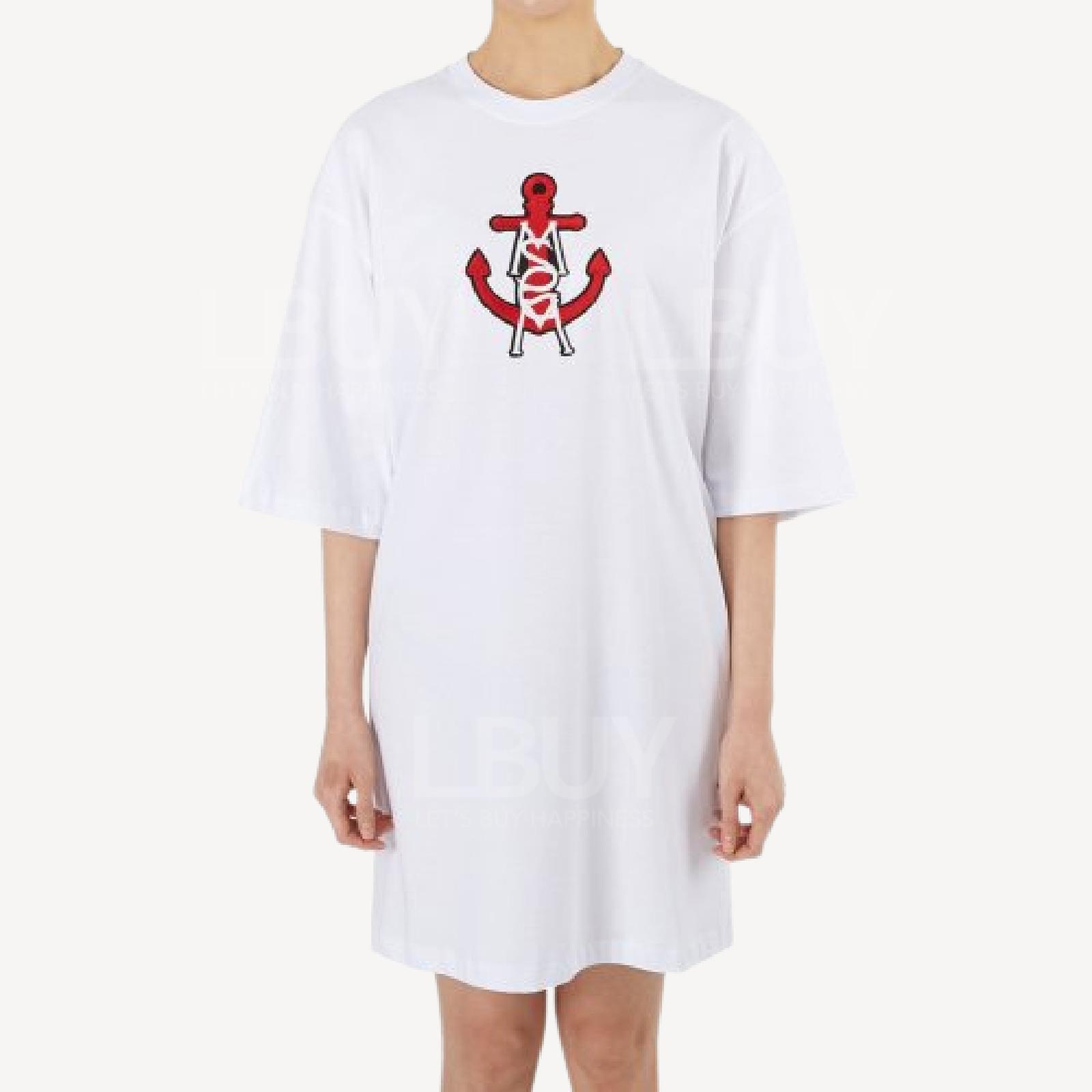 MSGM 白色刺绣标红色船锚图桉短袖T恤连衣裙 白色