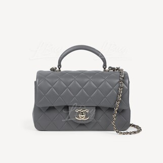 Chanel Dark Grey Flap Bag with Light Gold Tone Metal and Top Handle AS2431