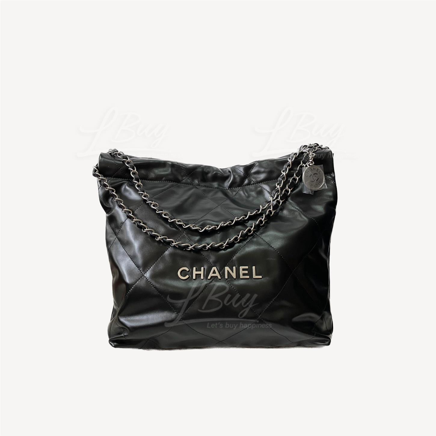 Chanel 22 Handbag 銀色Logo 光面小牛皮黑色中號手袋 AS3261