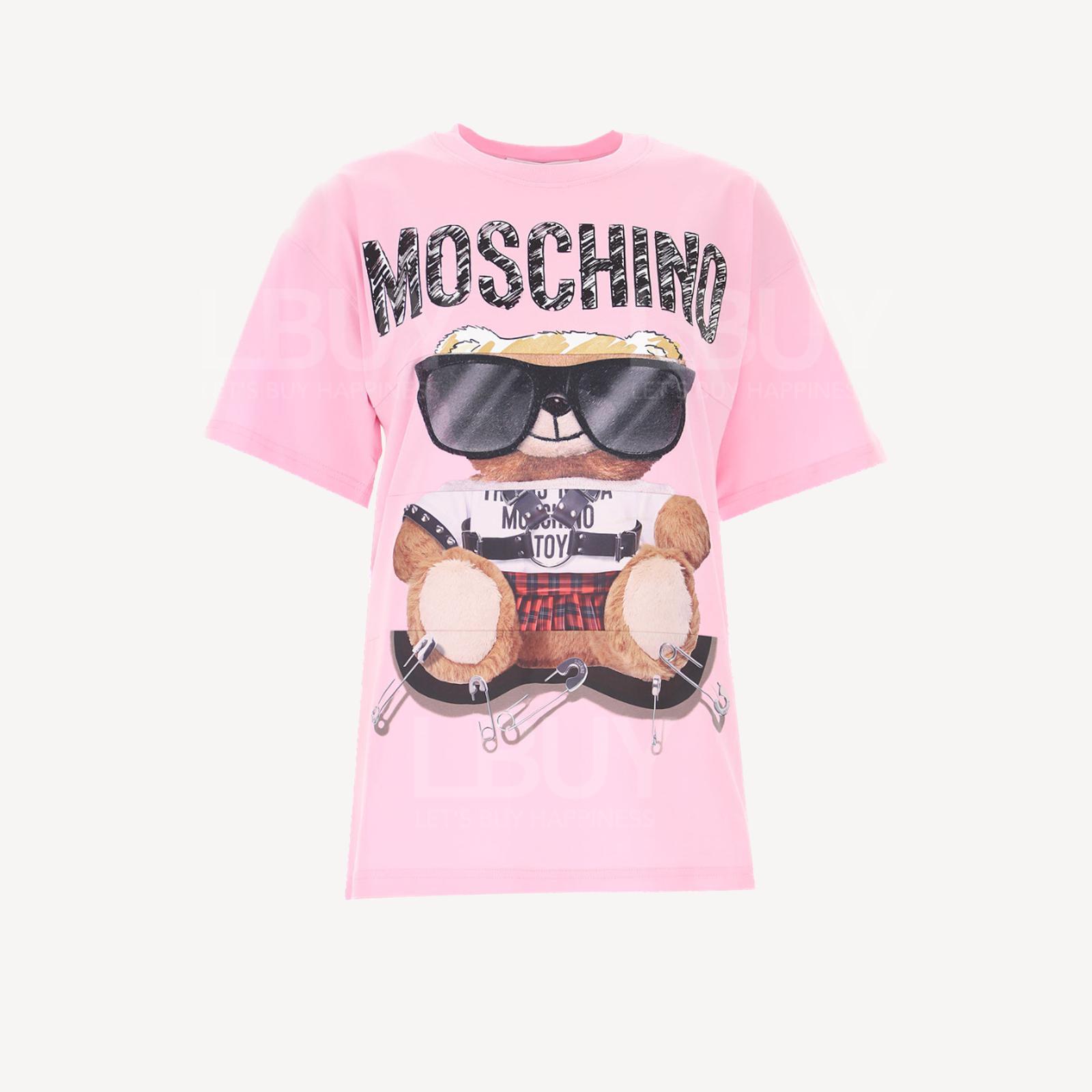Moschino Couture 黑白徽标和太阳眼镜泰迪熊图桉 印花短袖T恤 宽鬆版 粉红色