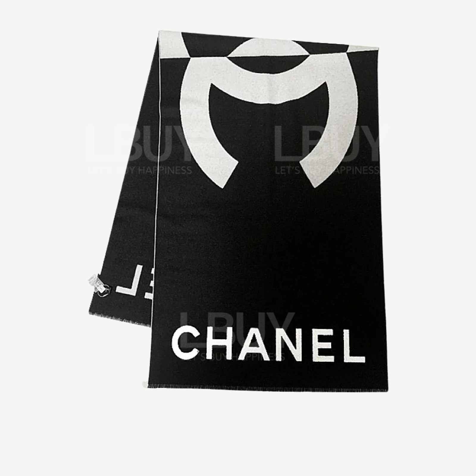 Chanel 黑白色大CC Logo 双面全羊绒围巾颈巾 AA7944