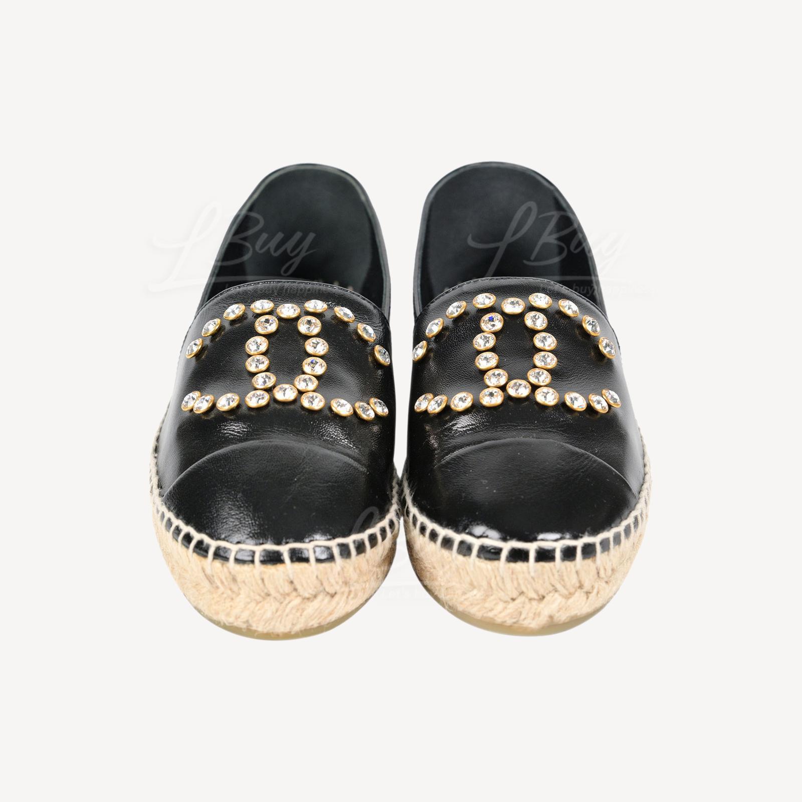 Chanel Espadrilles 黑色小羊皮CC Logo平底草织鞋