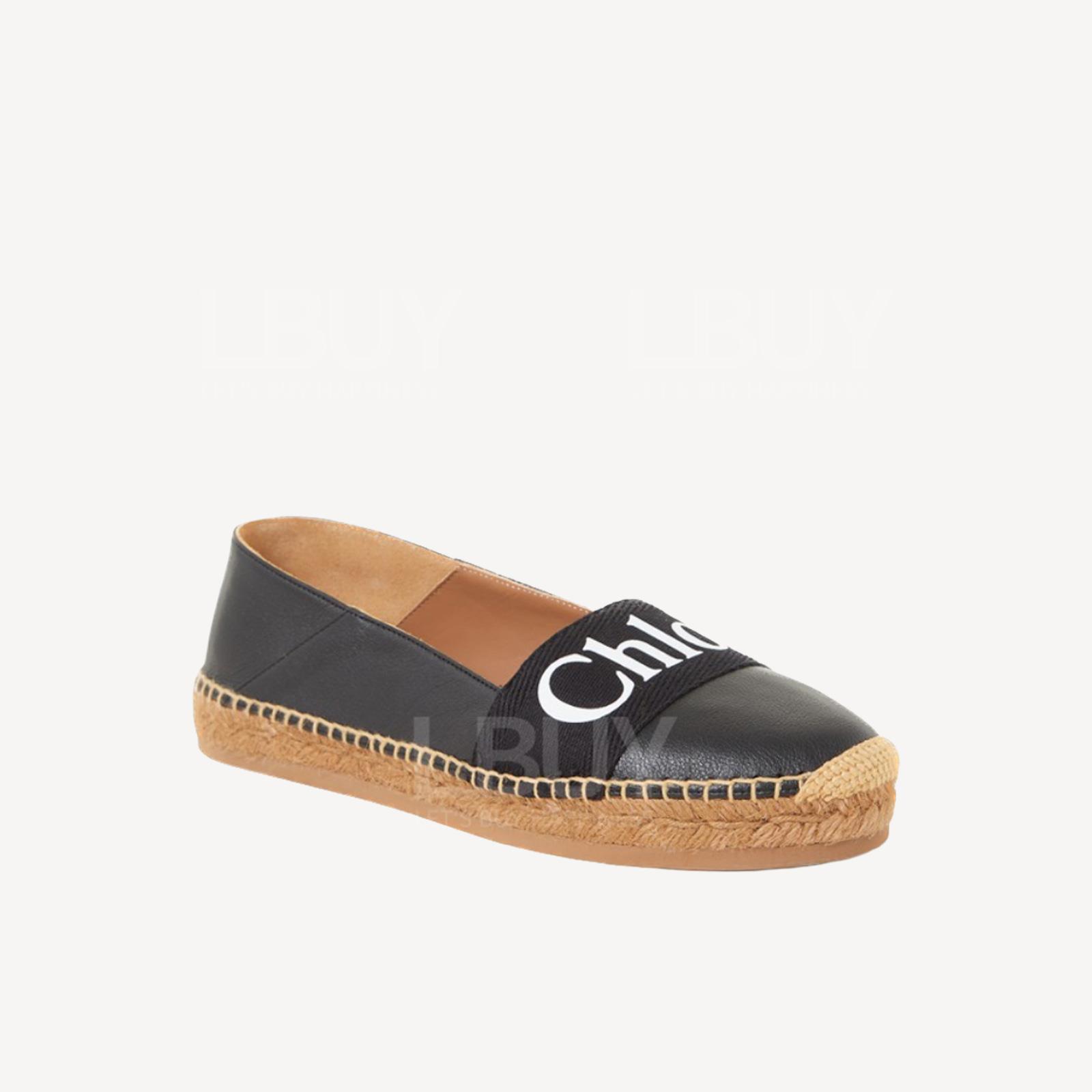 Chloe 黑色白色Logo字草編樂福鞋