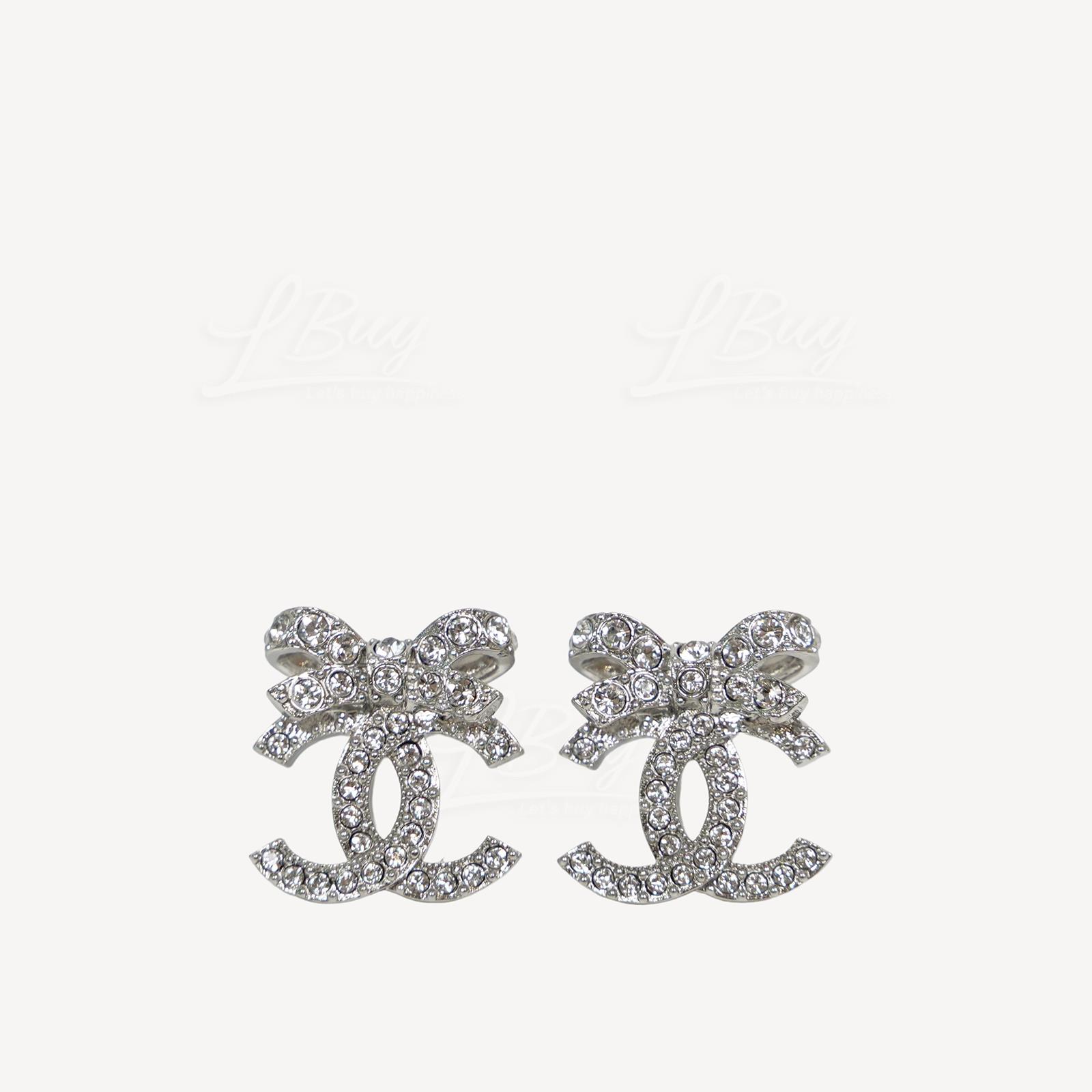 Chanel Silver Rhinestone Bow CC Logo Earrings ABA922