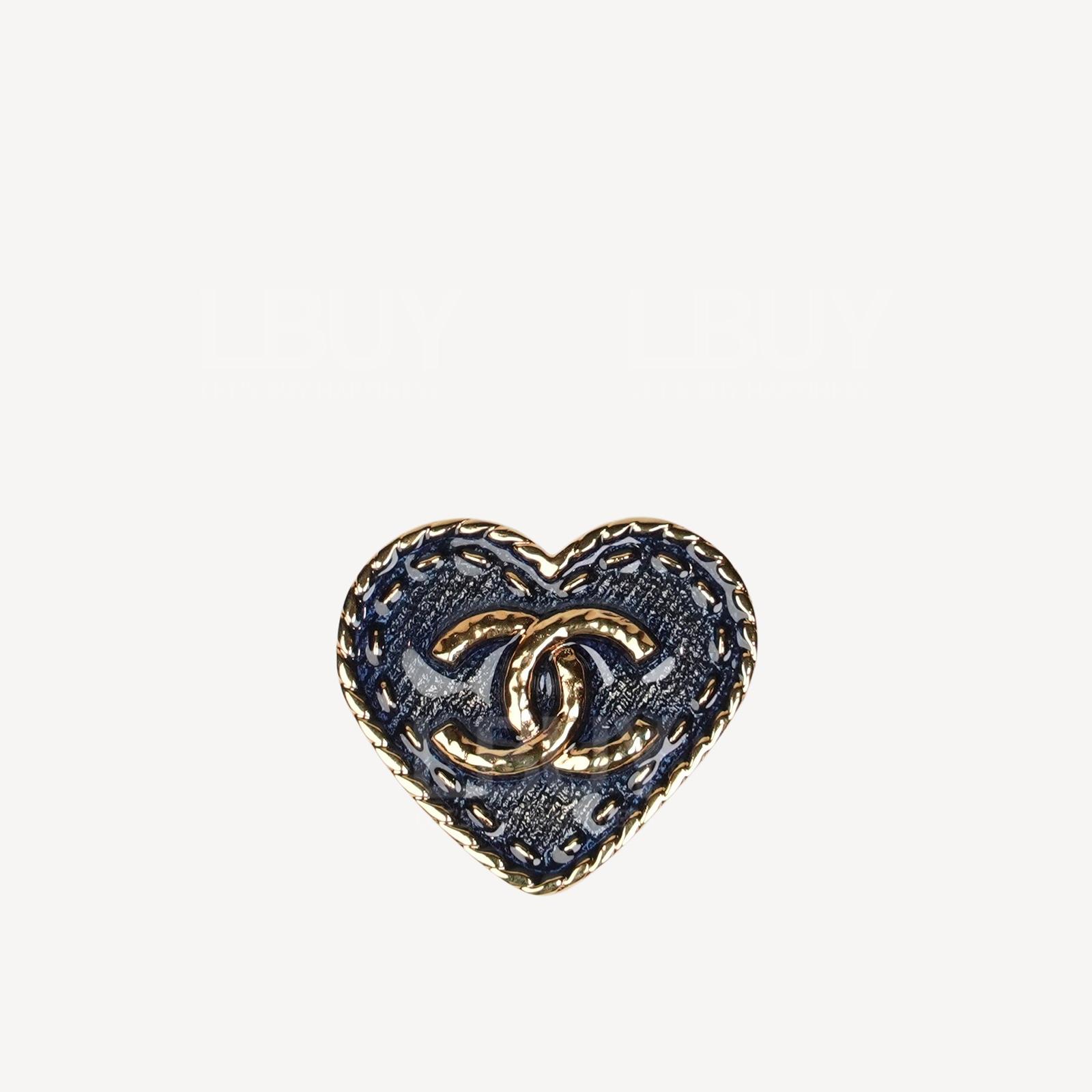 Chanel Denim Blue Heart with Gold CC Logo Brooch ABC728