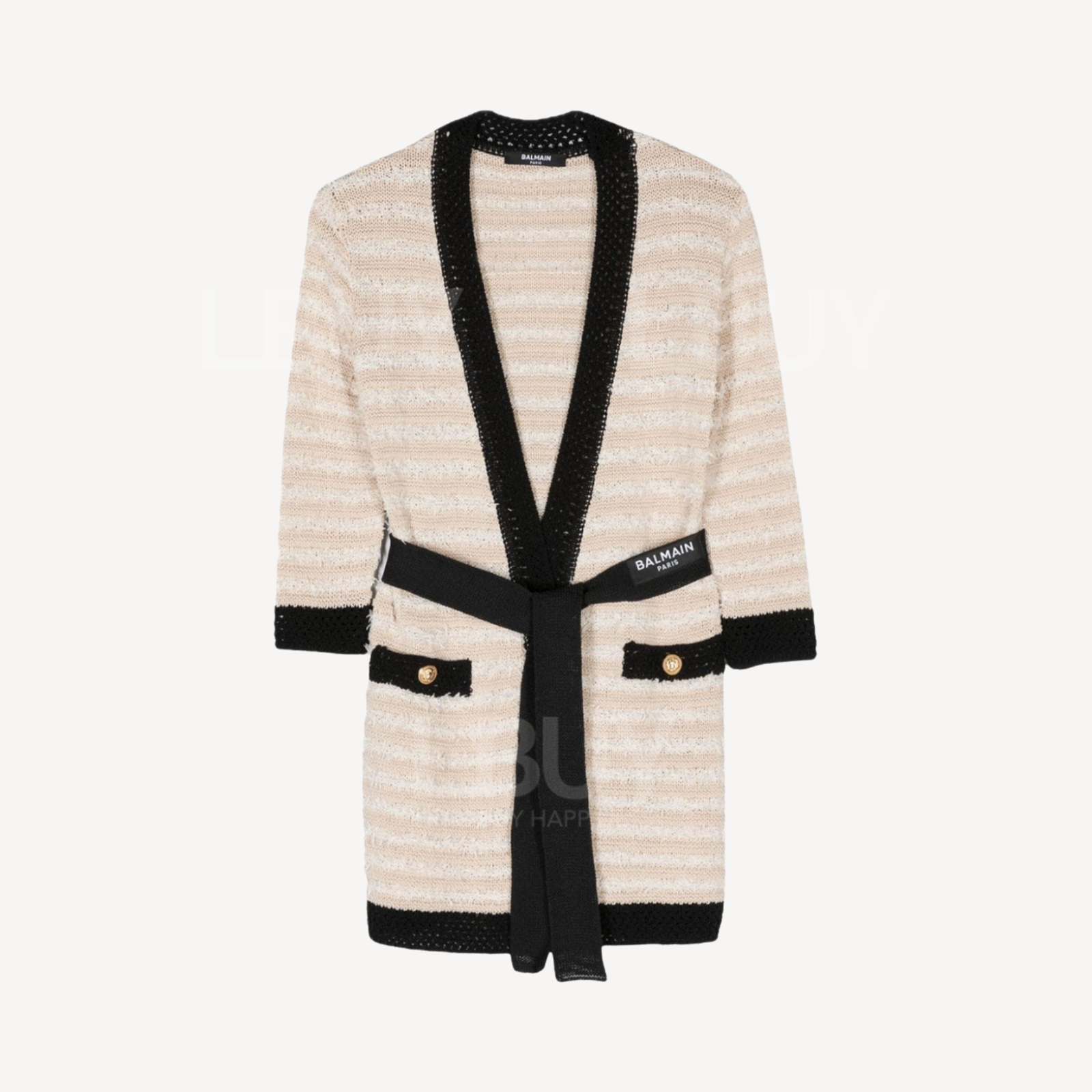 Balmain Gold Buckle Belt Logo Long Knit Cardigan Beige