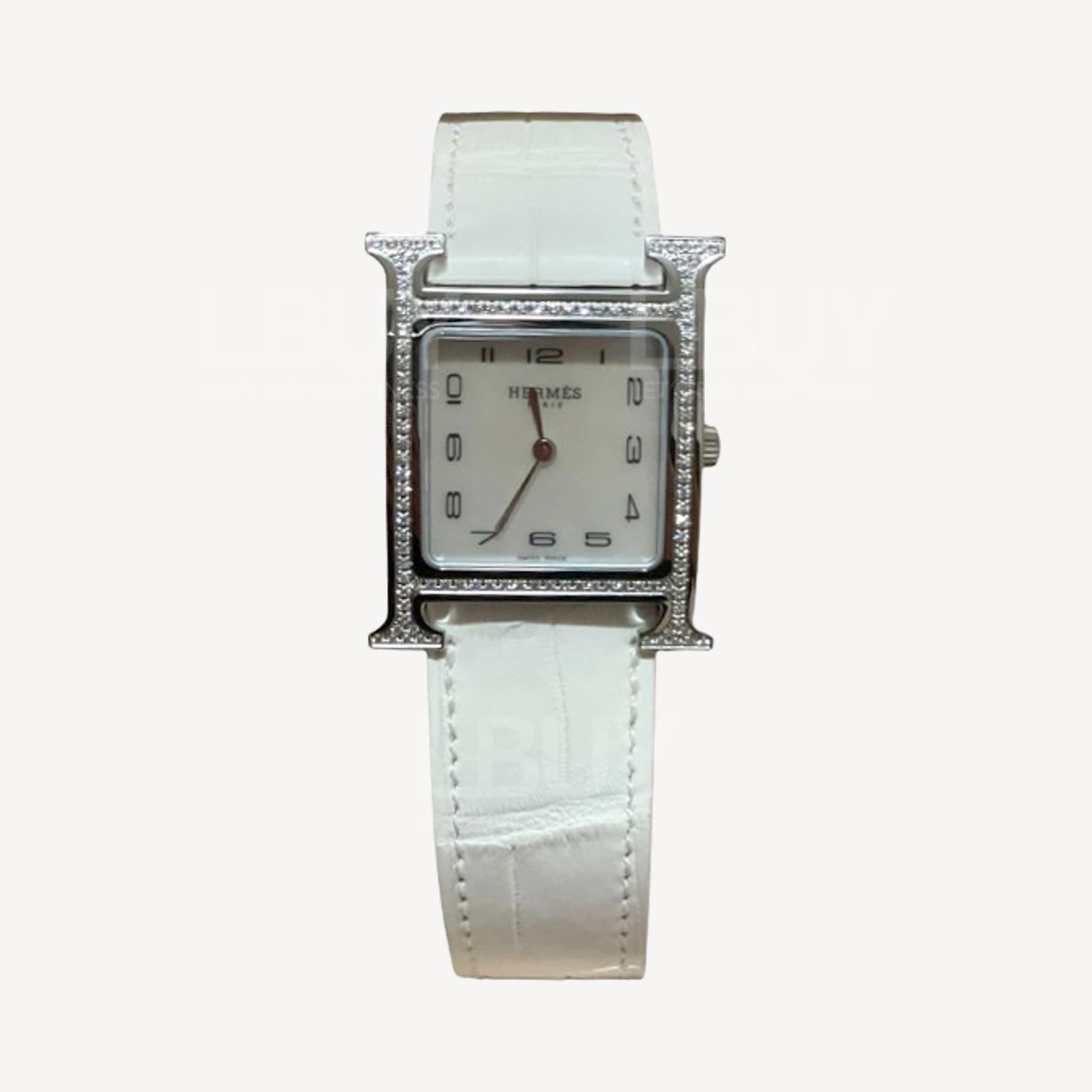 Hermes Heure H watch, 26 x 26 mm 白色鱷魚皮錶帶 鑽石錶面