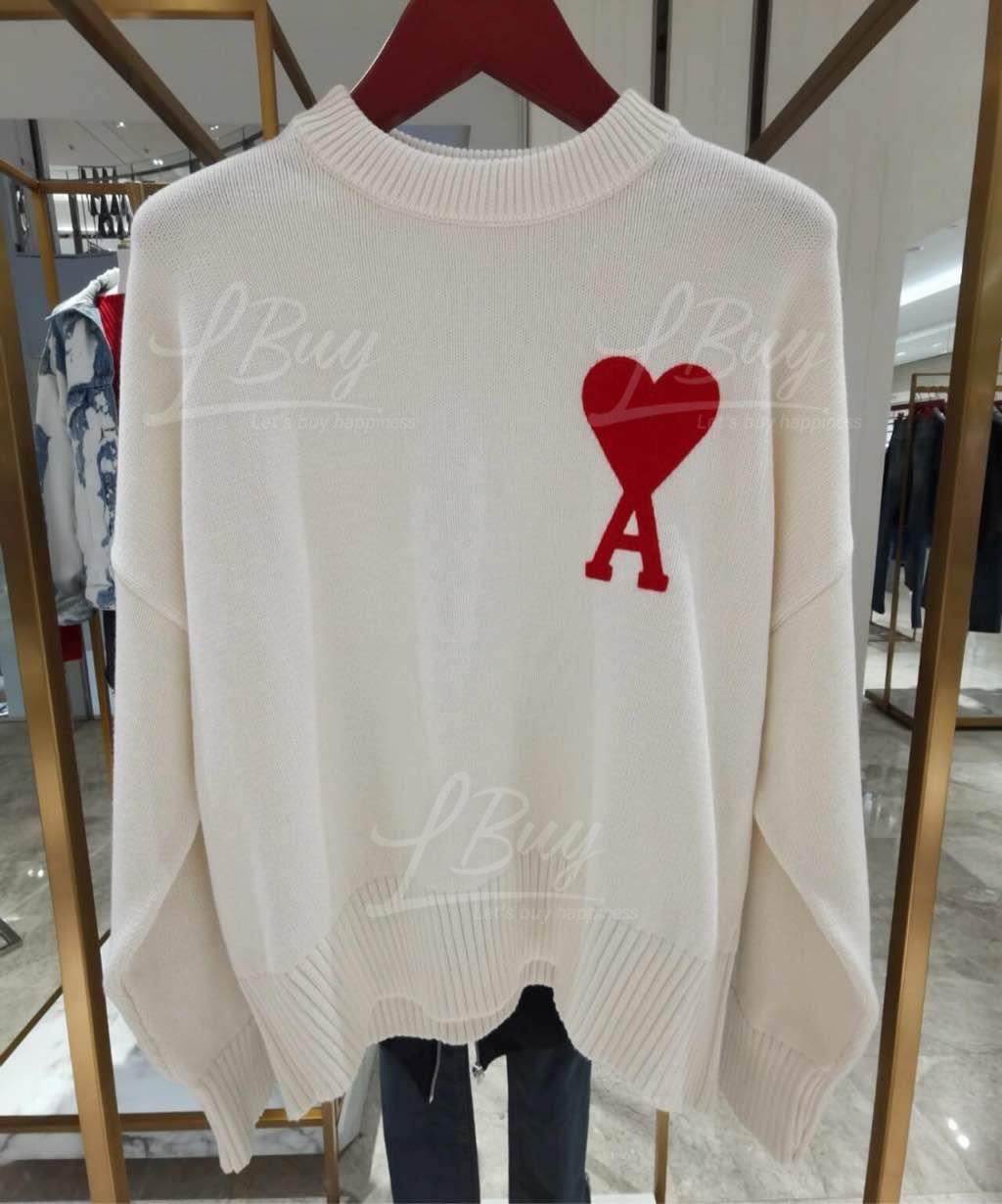 Ami White Wool Big Red Heart Sweater