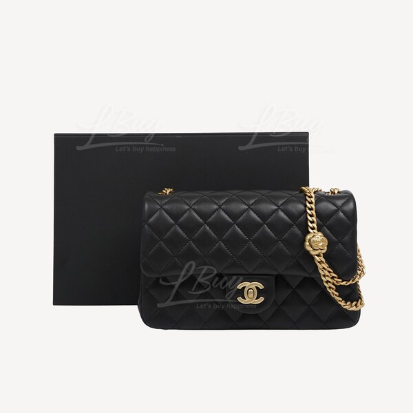 Chanel-Chanel 山茶花調節扣鏈帶金色CC Logo 內拼桃紅色23cm黑色