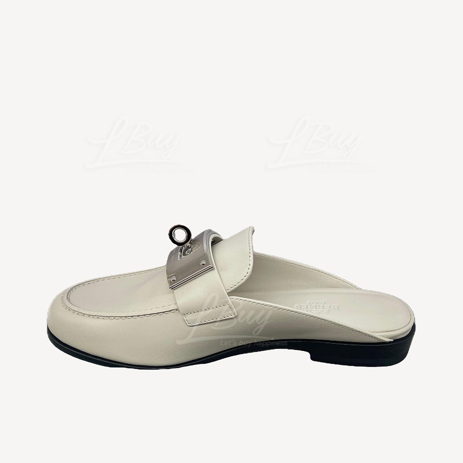 Hermes Iota Mule 巴黎白色小牛皮穆勒鞋超大Kelly银扣