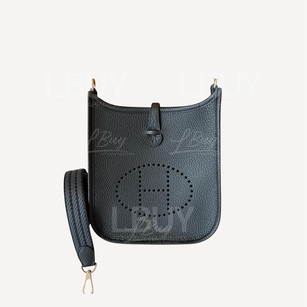 Hermes Mini Evelyne 16 Amazone Bag Black Silver with Graphite Grey Black Woven Strap