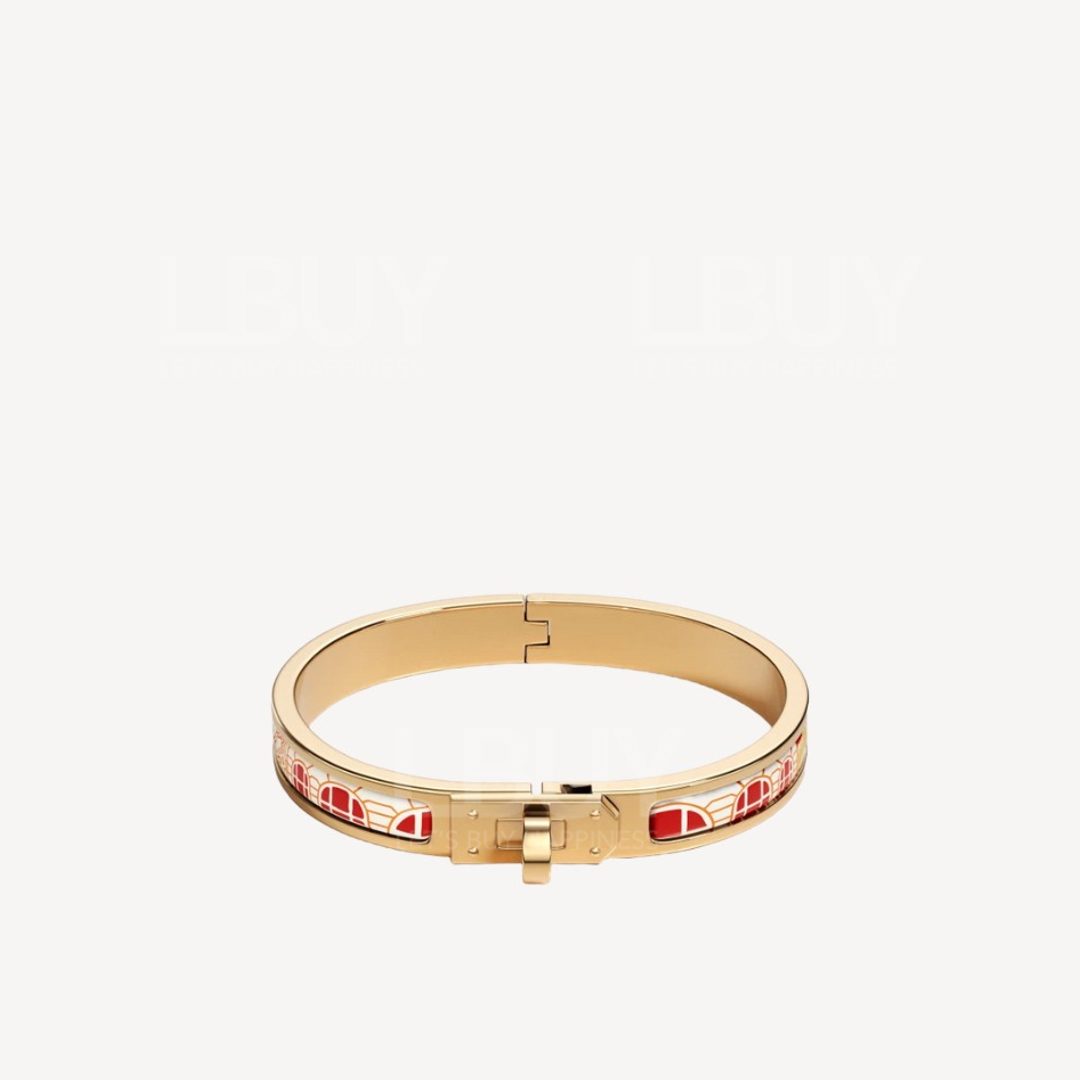 Hermes Mini Clic Kelly Faubourg City Bracelet Bangle Suburban Print Red with Gold Buckle