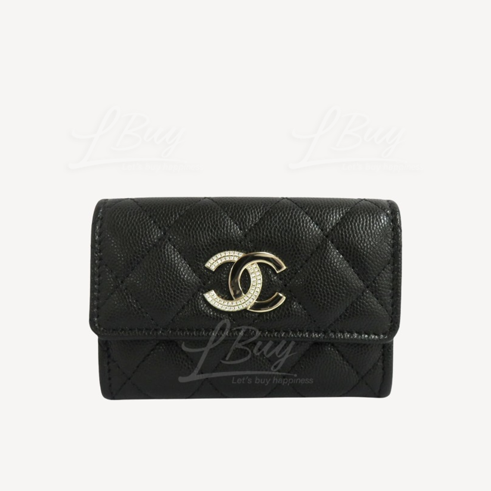 Chanel 黑色粒紋小牛皮大CC Logo三折式卡包 AP4173