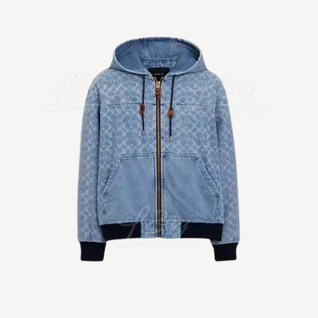 Coach Signature Denim Hooded Zip Up Jacket