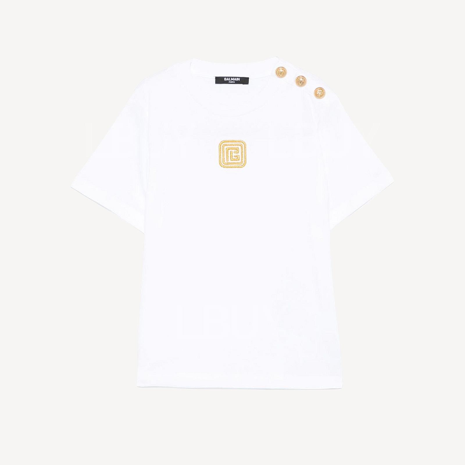 Balmain Embroidery Gold Button White T-shirt