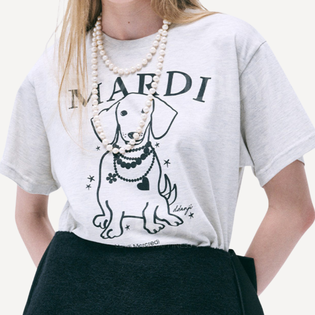 韓國 Mardi Mercredi T-Shirt Swing The Tail + Ddanji Pearl Necklace Oatmeal Black