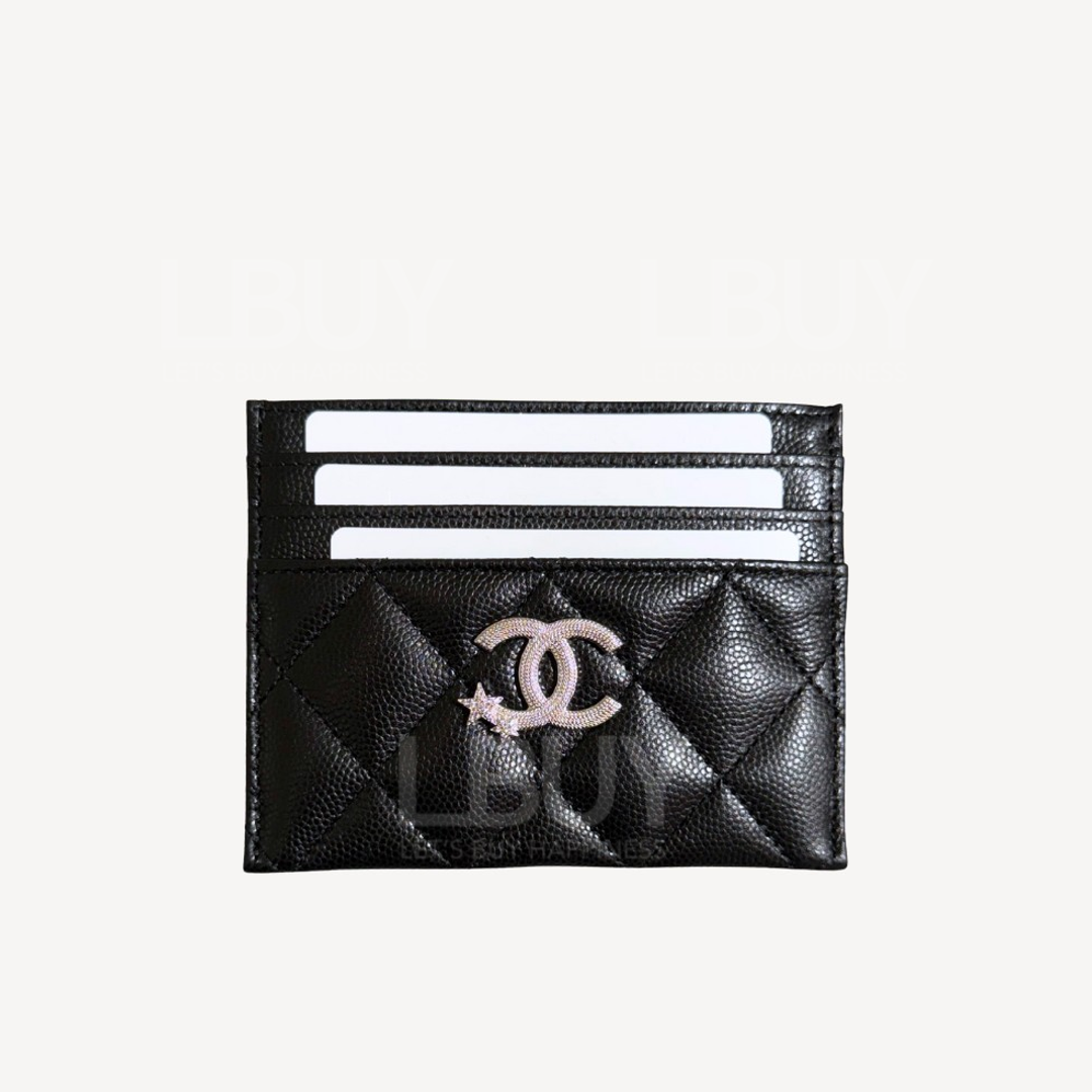 Chanel 銀色水鑽星星CC Logo 黑色卡片套 AP4814