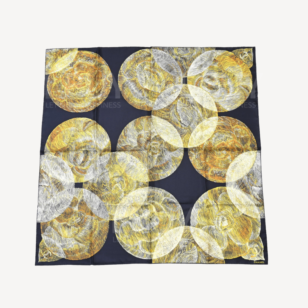 Chanel Camellia Moons Silk Scarf Navy Yellow