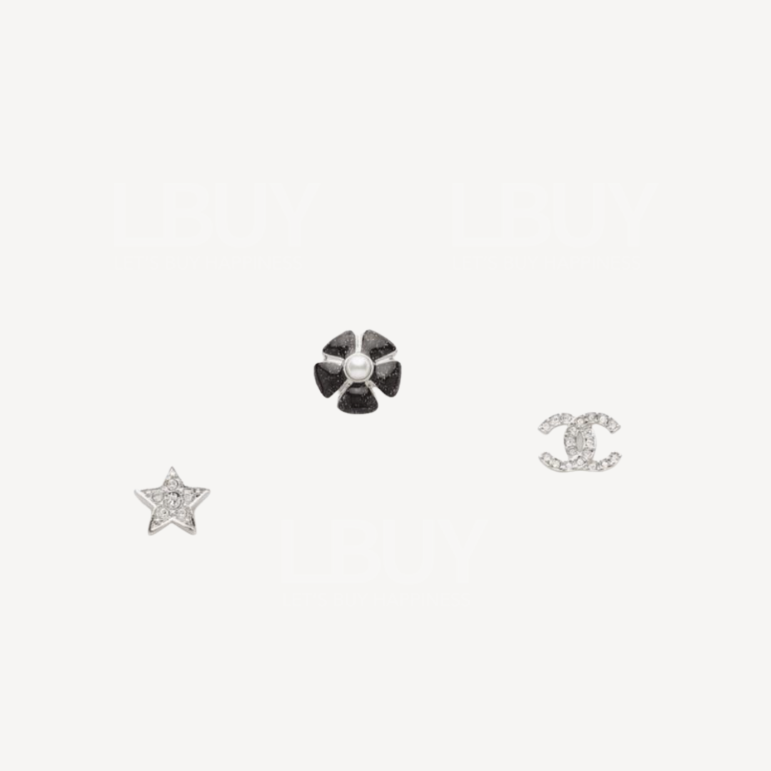 Chanel Silver Pearl White Black and Crystal Stud Earrings Earrings ABG901
