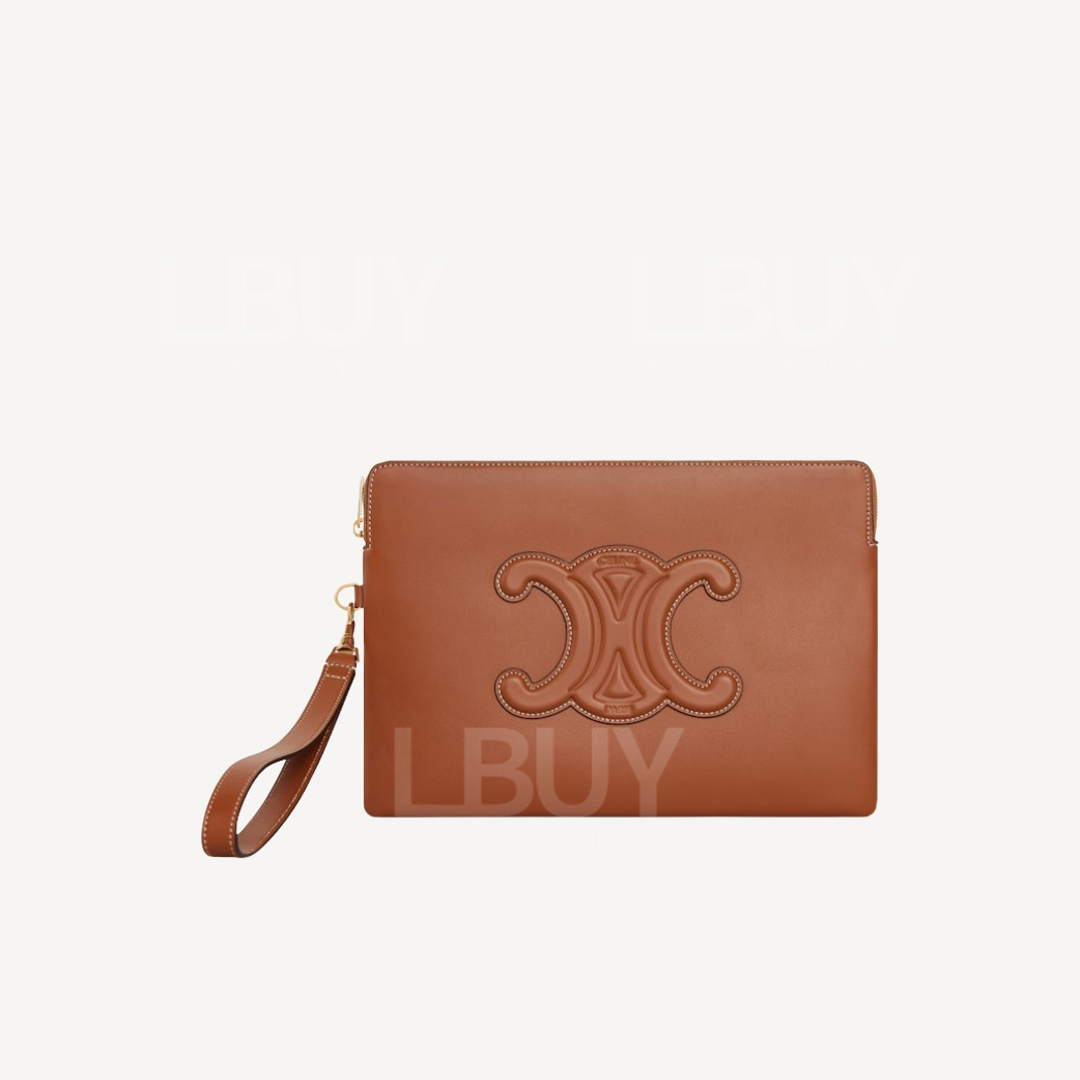 Celine Triomphe 凱旋門光滑小牛皮拉鍊小袋收納包 黃褐色