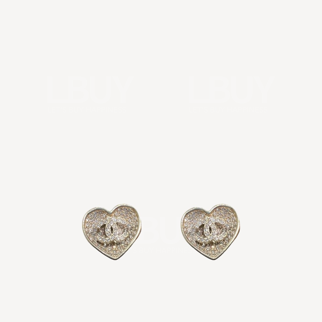 Chanel CC Logo 心形水鑽金色耳環 ABA406
