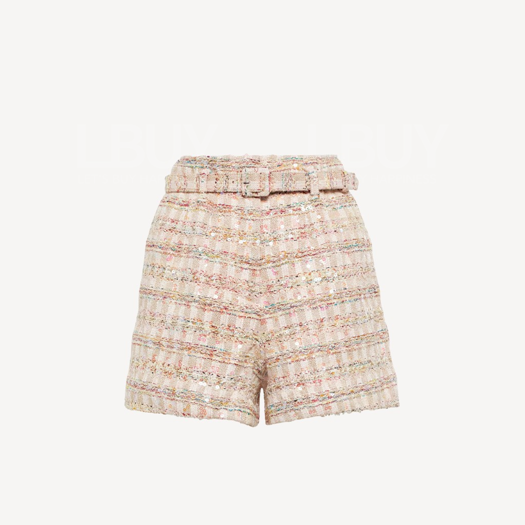 Self Portrait 亮片圈紗腰帶短褲 粉紅色