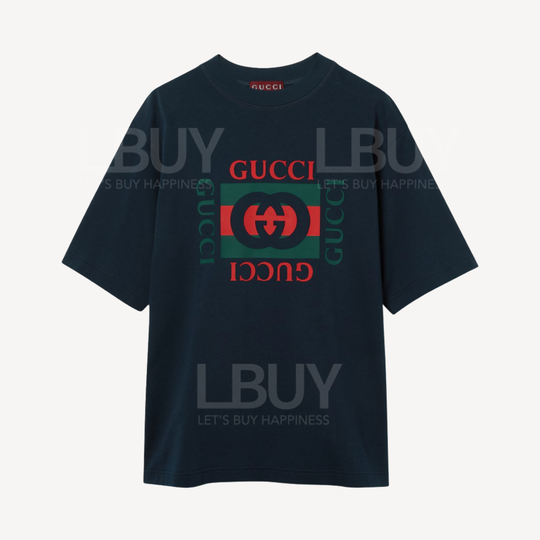 Gucci Logo 印花棉質海軍藍色T恤 784361