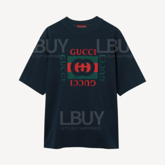 Gucci Logo 印花棉质海军蓝色T恤 784361