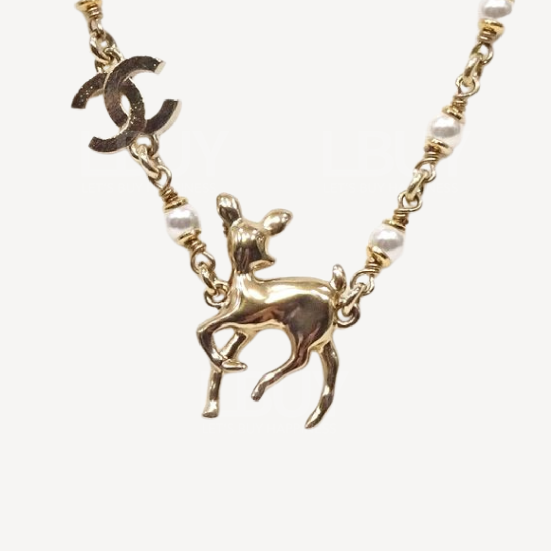 Chanel VIP 限定 CC Logo 金色小鹿珍珠項鏈