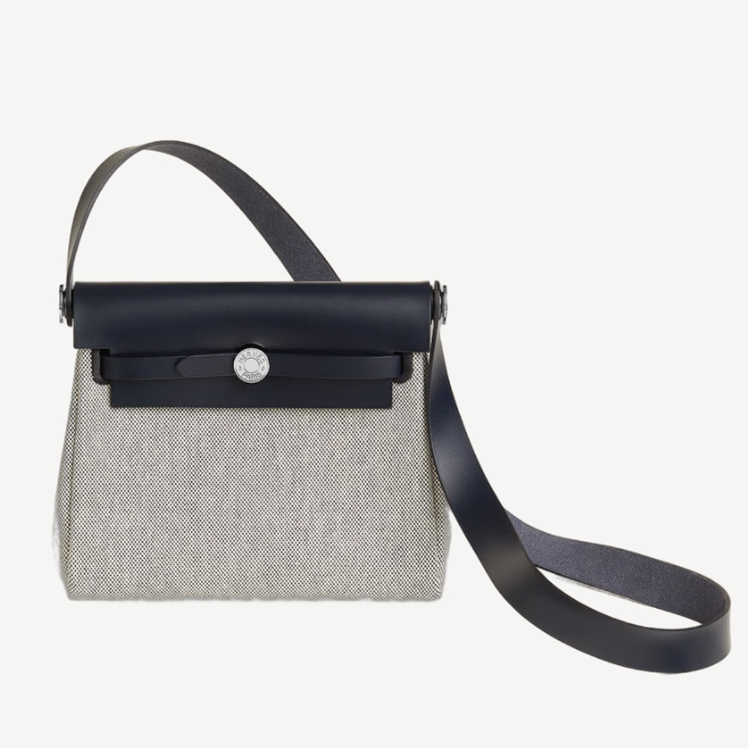 Hermes Herbag Zip 20 Bag 編織格紋 米色 黑色 靛藍色 銀扣