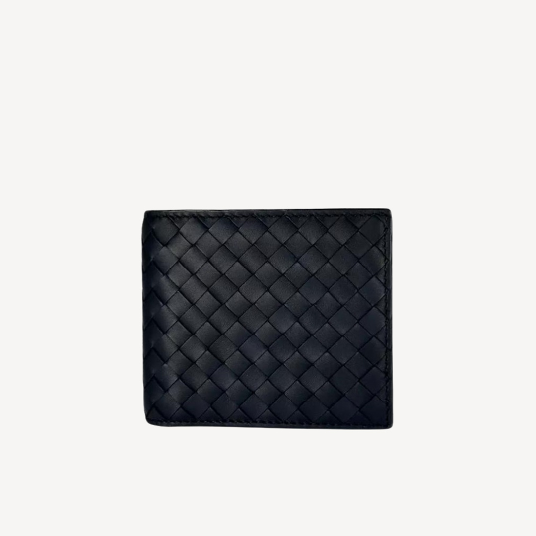 Bottega Veneta Woven Leather Folding Short Wallet Dark Blue 113993