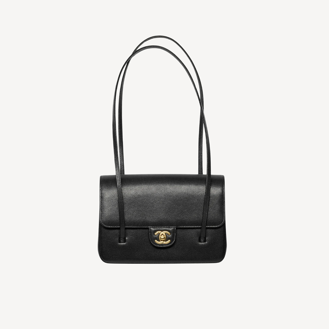 Chanel Preppy Coco 22cm小号亮面粒纹小牛皮长手柄单肩袋 黑色 AS6130