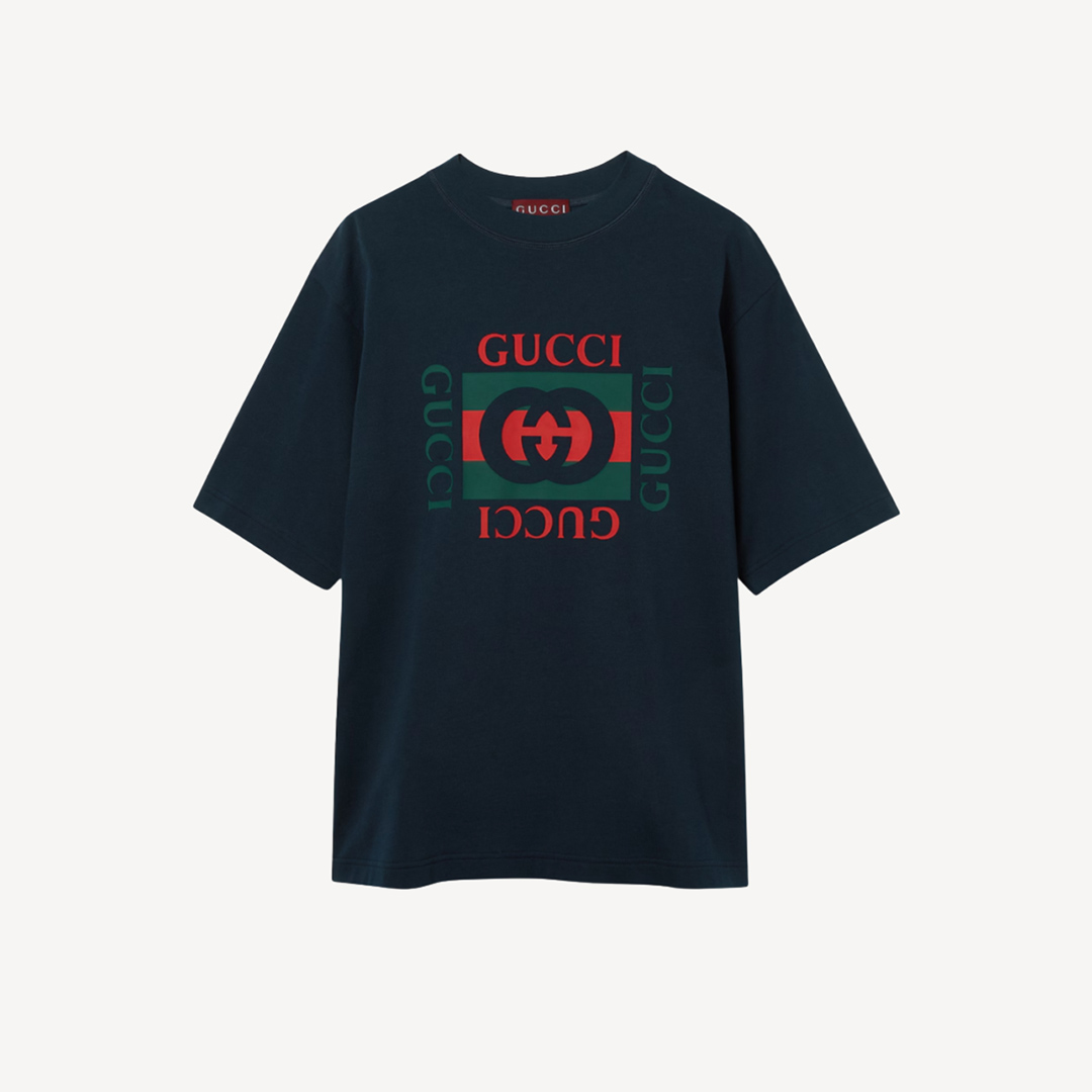 Gucci Logo 印花棉質海軍藍色T恤 784361