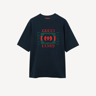 Gucci Logo 印花棉質海軍藍色T恤 784361