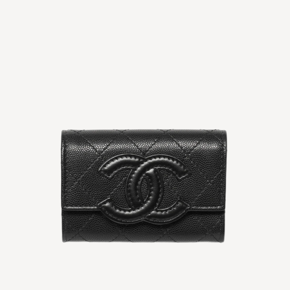 Chanel CC Logo 粒紋小牛皮拼羊皮 黑色垂蓋拉鍊銀包 AP5457
