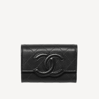 Chanel CC Logo 粒紋小牛皮拼羊皮 黑色垂蓋拉鍊銀包 AP5457